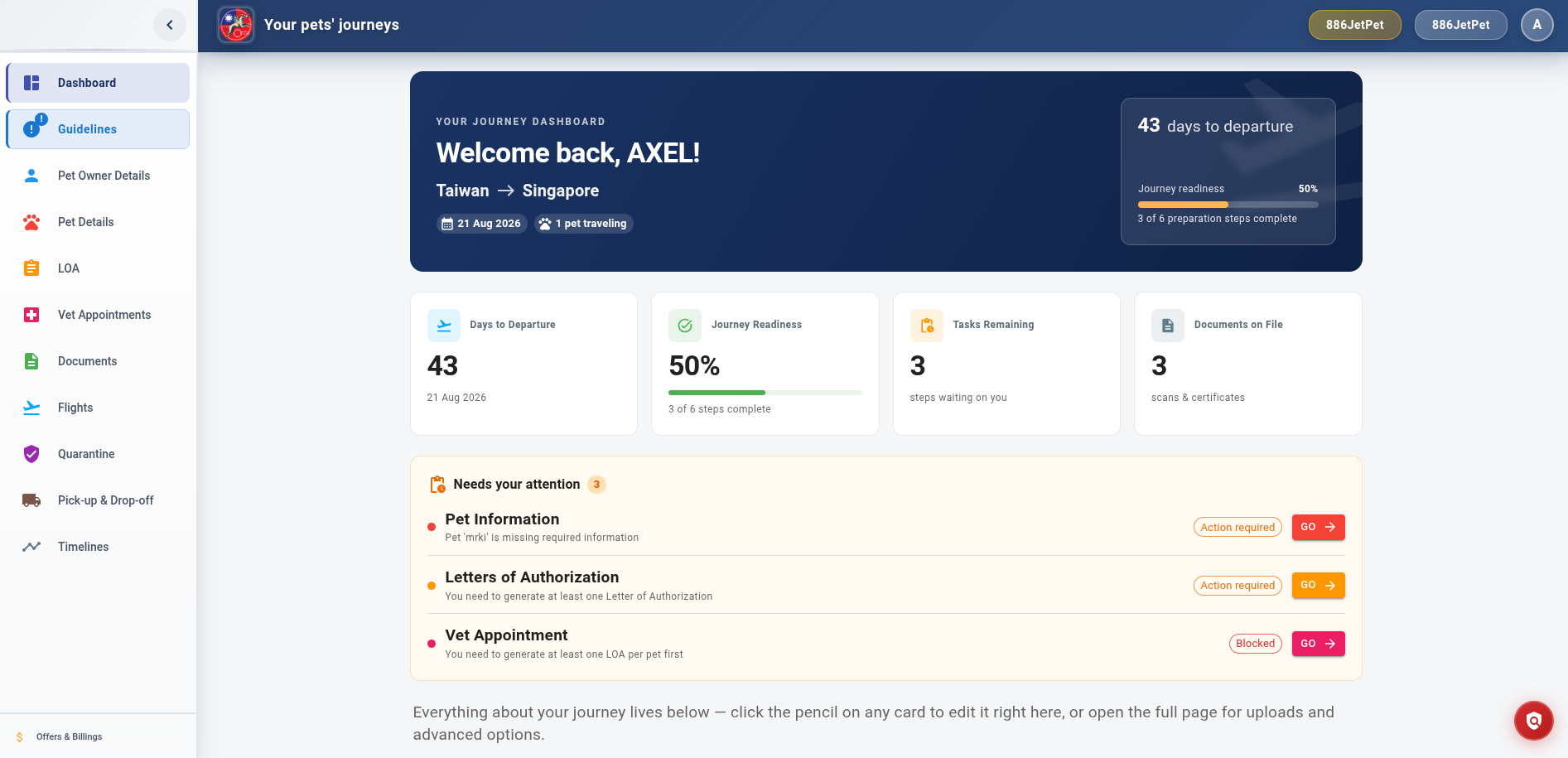 886JetPet pet relocation client dashboard showing a departure countdown, journey readiness progress, pending preparation steps and pet travel documents for a move from Taiwan to Singapore